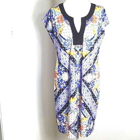 Laundry by Shelli Segal Blue & Yellow Floral Dress with Black Trim, Size Medium - Picture 1 of 8
